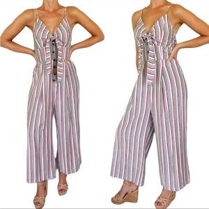 Main Strip pink striped tie front spaghetti strap wide leg jumpsuit size large